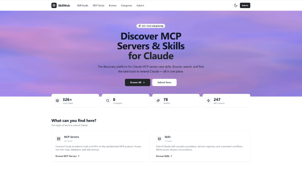 De homepagina van Skillhub.pm, een site om MCP servers en skills te vinden voor Claude.