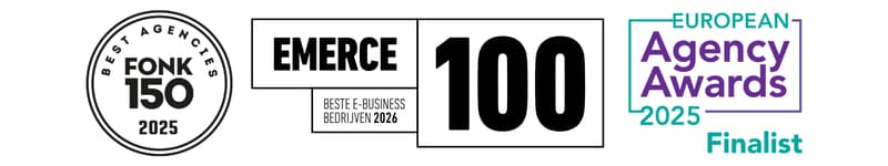 De logo´s van Fonk150, Emerce 100, en de European Agency Awards.