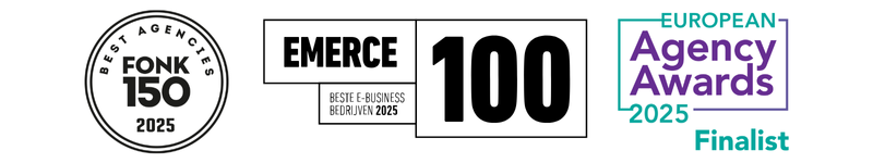 De logo´s van Fonk150, Emerce 100, en de European Agency Awards.
