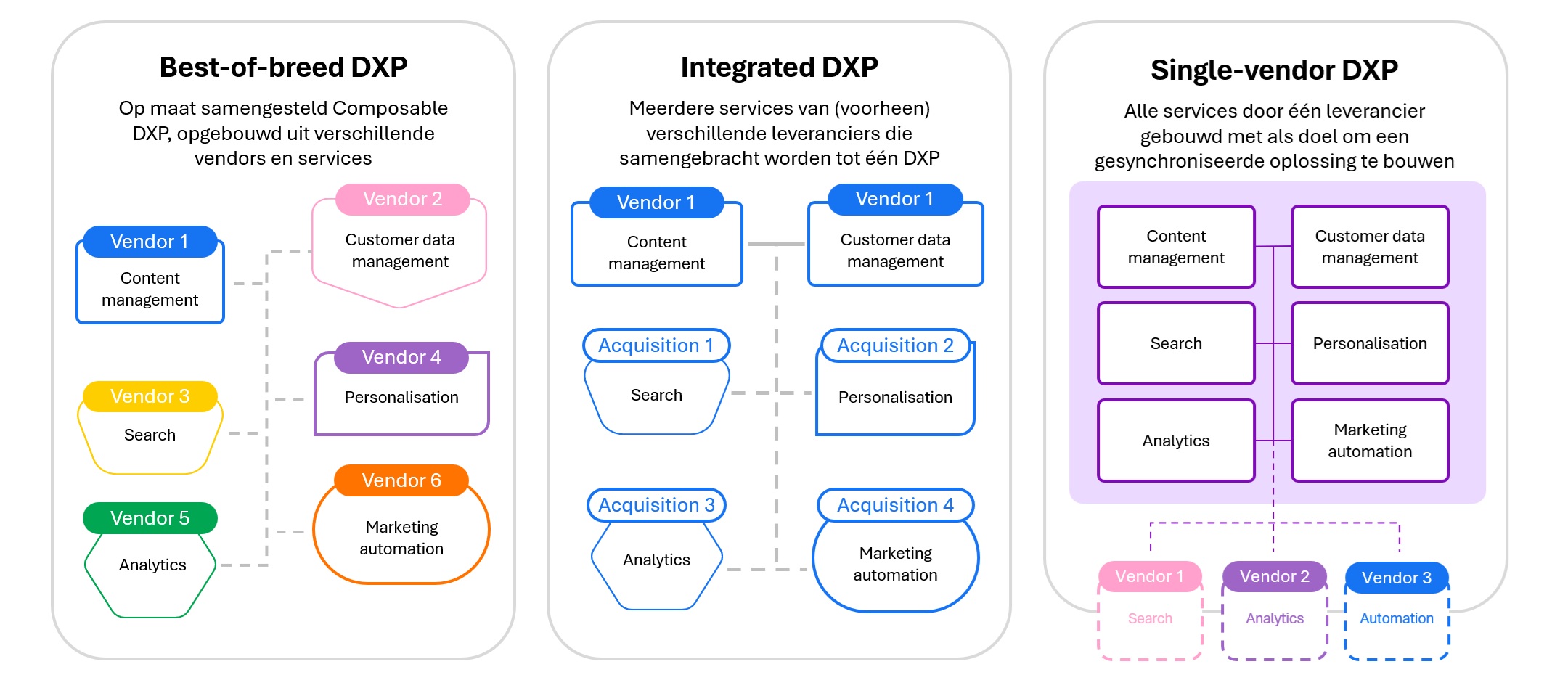 Er zijn drie verschillende soorten DXP: Een Best of Breed DXP die op maat samengesteld word, een Integrated DXP waarbij services opgekocht worden en samen één geheel gaan vormen, en een Single Vendor DXP die gebouwd zijn door één enkele leverancier.
