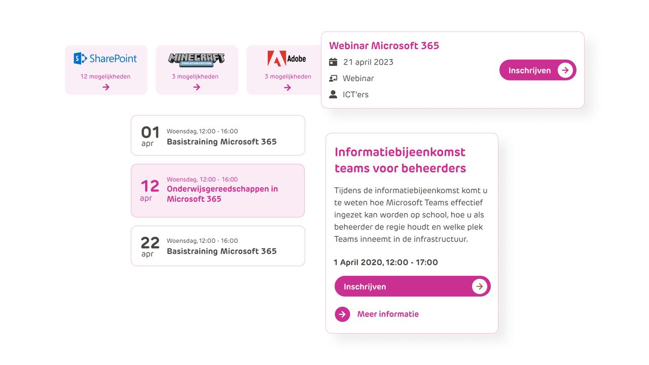 Verschillende widgets van APS IT-Diensten waar mensen zich kunnen inschrijven voor webinars. Widgets gemaakt door Aviva Solutions.