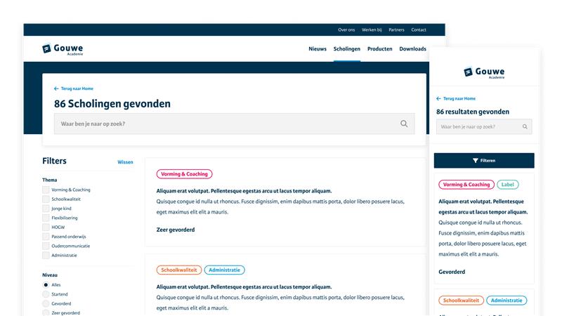De zoekfunctionaliteit is geoptimaliseerd op de site van Gouwe Academie door Aviva Solutions.