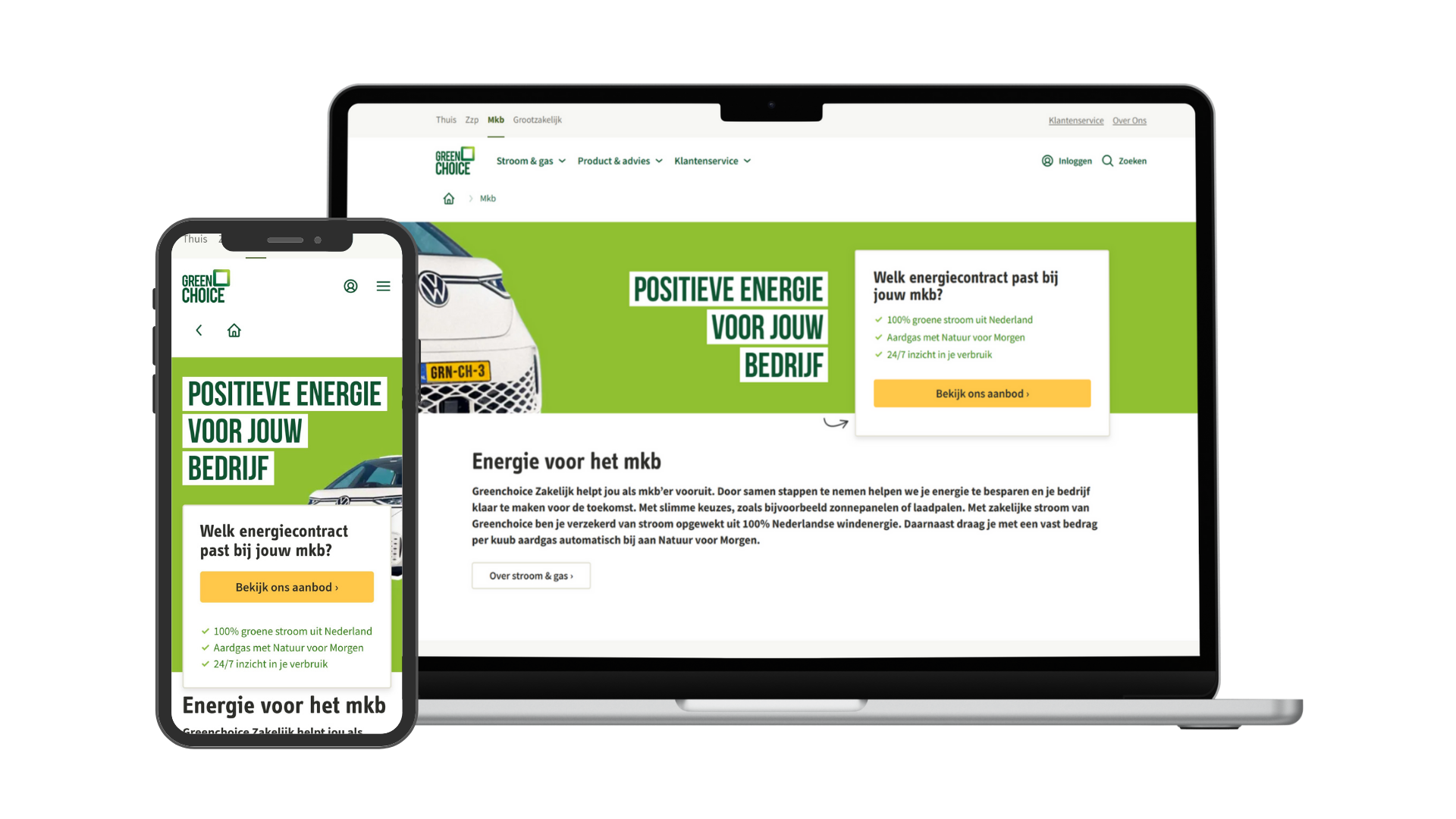 Een laptop en een telefoon die het begin van Greenchoice's MKB funnel laat zien