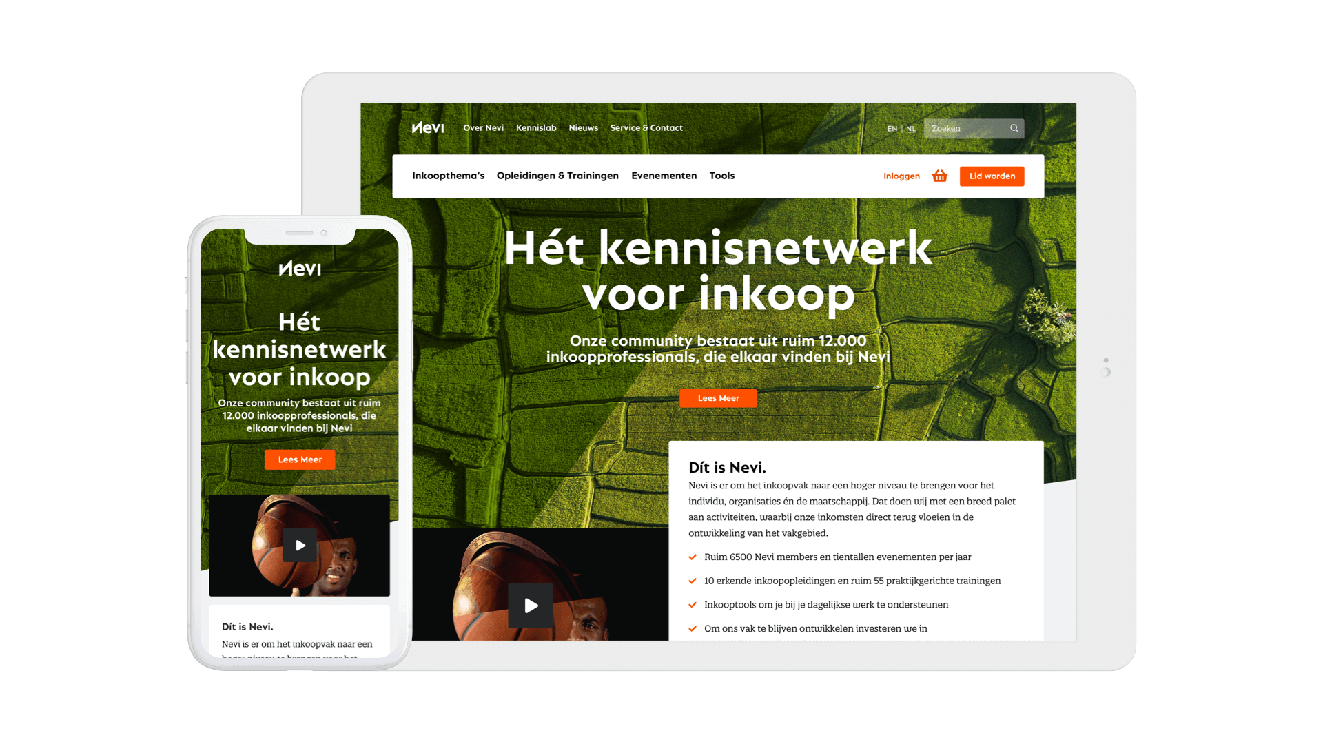 Een laptop en een telefoon die de nieuwe interface van kennisnetwerk Nevi laat zien.