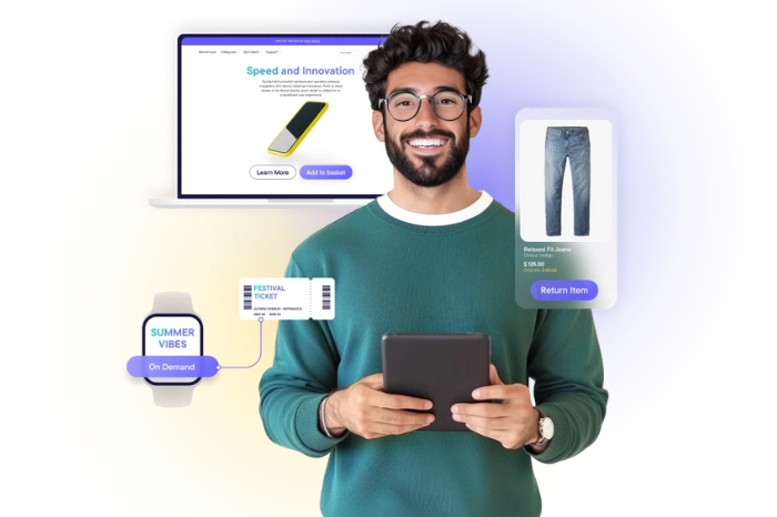 Een afbeelding van en man die een tablet vast houdt, en tegelijkertijd ook verbonden is via zijn laptop en smartwatch.