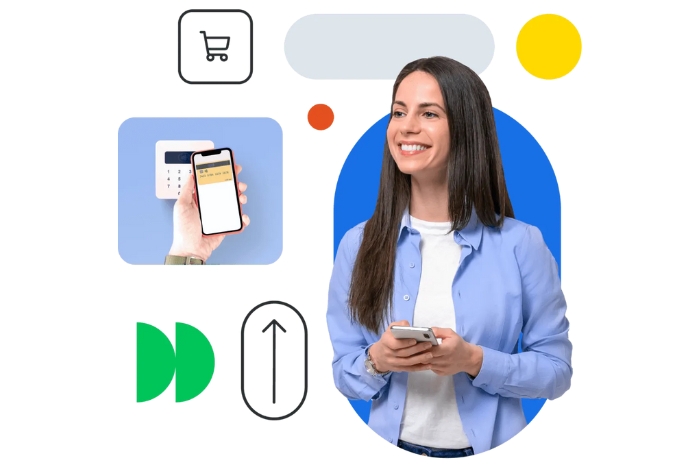 Een afbeelding van een vrouw die afrekent met haar mobiele telefoon.