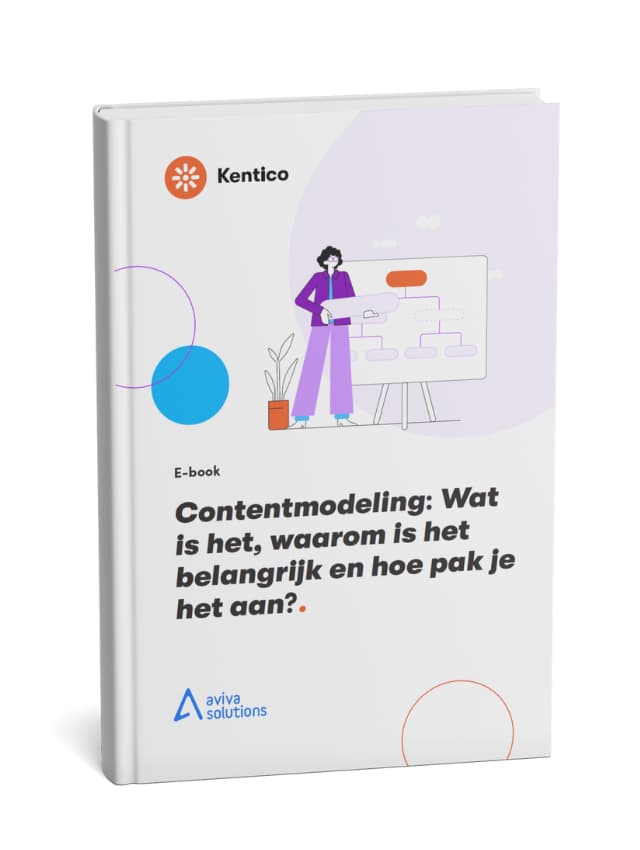 Het boek voor Content Modeling van Kentico, vertaald door Aviva Solutions. Daarop staat de tekst "Content modeling: Wat is het, waarom is het belangrijk en hoe pak je het aan?