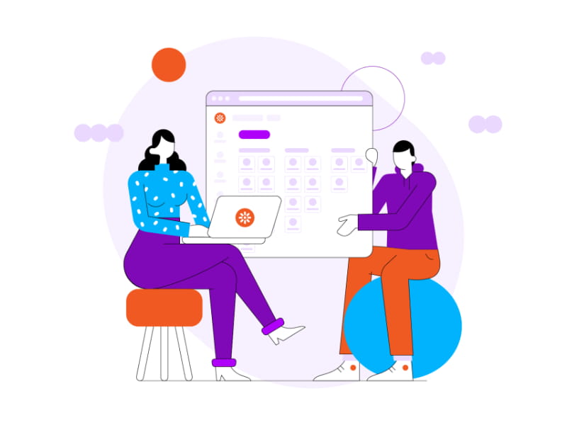 Een illustratie van twee personen, een met een laptop op schoot en de ander houdt het DXP interface omhoog.