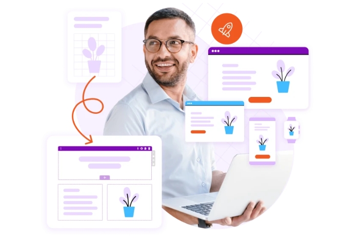Een man die een laptop vast heeft. Over hem heen staan verschillende illustraties van webpagina's die hij via zijn laptop beheert.