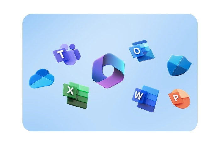 De verschillende tools van Microsoft Office: CoPilot, One Drive, Excel, Teams, Word, Outlook, Windows Defender, en PowerPoint.
